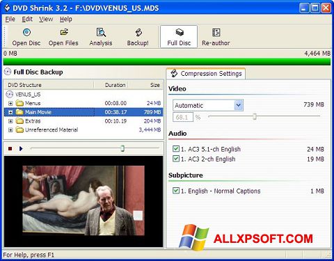 Снимка на екрана DVD Shrink за Windows XP