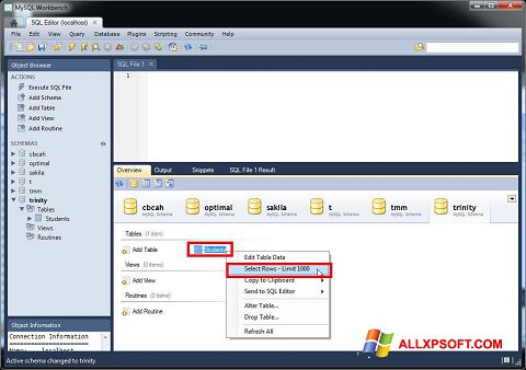 Снимка на екрана MySQL Workbench за Windows XP