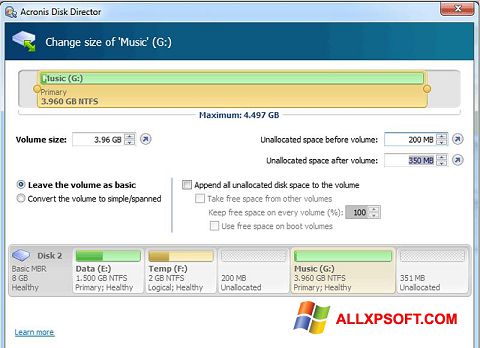 Снимка на екрана Acronis Disk Director за Windows XP