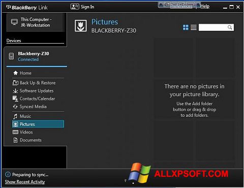 Снимка на екрана BlackBerry Link за Windows XP