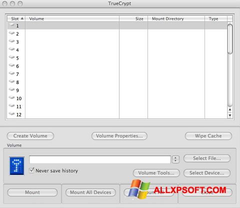 Снимка на екрана TrueCrypt за Windows XP
