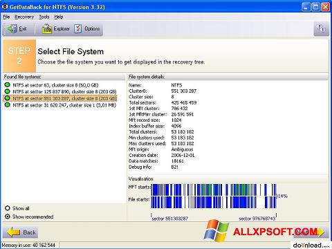 Снимка на екрана GetDataBack за Windows XP
