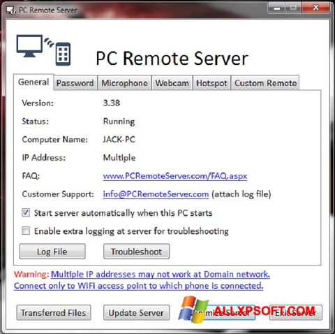 Снимка на екрана PC Remote Server за Windows XP