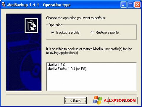 Снимка на екрана MozBackup за Windows XP