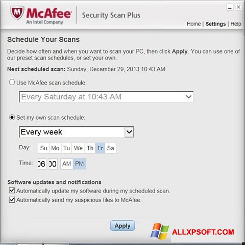 Снимка на екрана McAfee Security Scan Plus за Windows XP