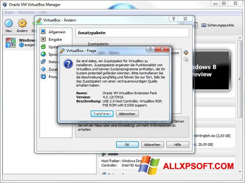Снимка на екрана Oracle VM VirtualBox Extension Pack за Windows XP