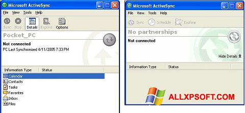 Снимка на екрана Microsoft ActiveSync за Windows XP