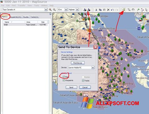 Снимка на екрана MapSource за Windows XP