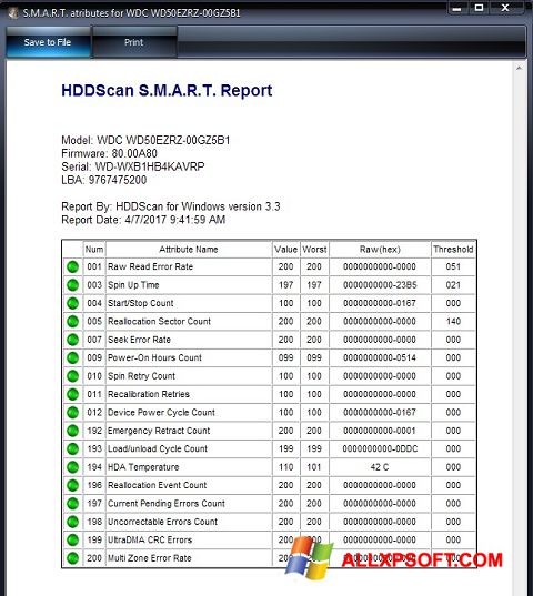 Снимка на екрана HDDScan за Windows XP