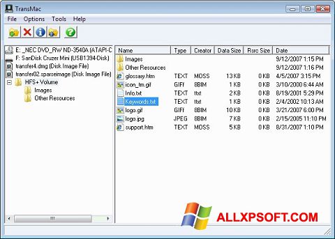 Снимка на екрана TransMac за Windows XP