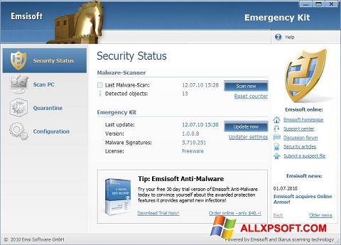 Снимка на екрана Emsisoft Emergency Kit за Windows XP