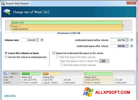 Снимка на екрана Acronis Disk Director Suite за Windows XP