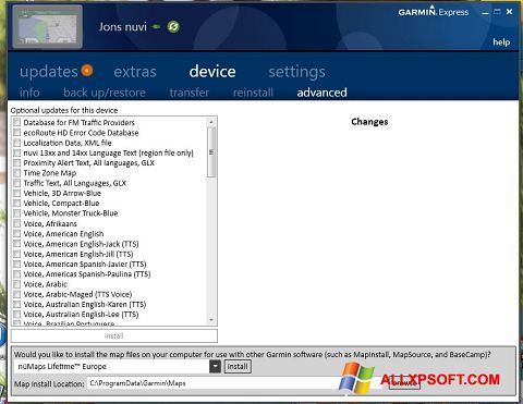 Снимка на екрана Garmin Express за Windows XP