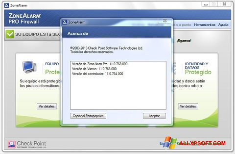 Снимка на екрана ZoneAlarm за Windows XP