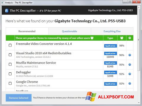 Снимка на екрана PC Decrapifier за Windows XP