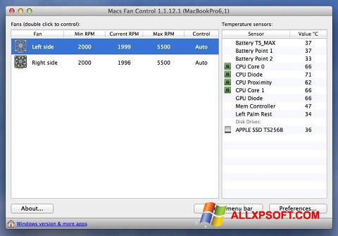 Снимка на екрана Macs Fan Control за Windows XP