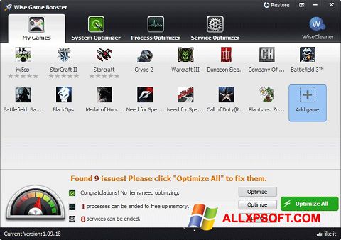 Снимка на екрана Wise Game Booster за Windows XP