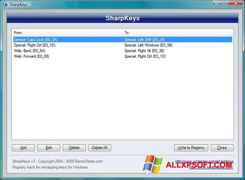 Снимка на екрана SharpKeys за Windows XP