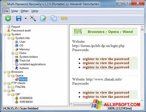 Снимка на екрана Multi Password Recovery за Windows XP
