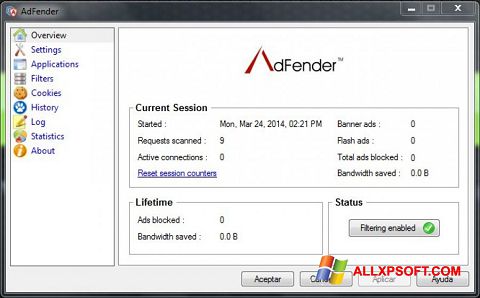 Снимка на екрана AdFender за Windows XP