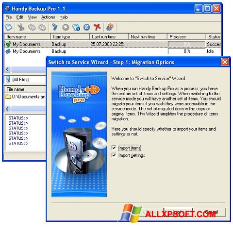 Снимка на екрана Handy Backup за Windows XP