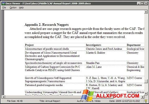 Снимка на екрана DocX Reader за Windows XP