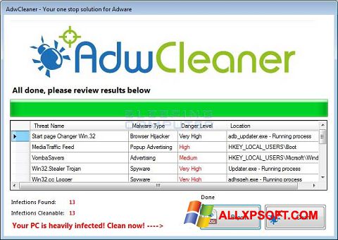 Снимка на екрана AdwCleaner за Windows XP