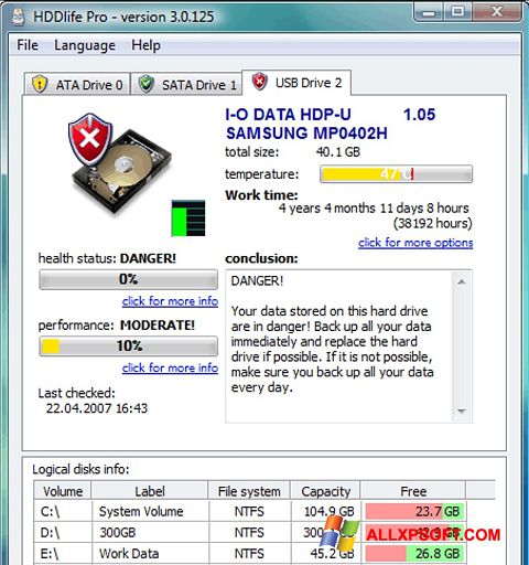 Снимка на екрана HDDlife за Windows XP