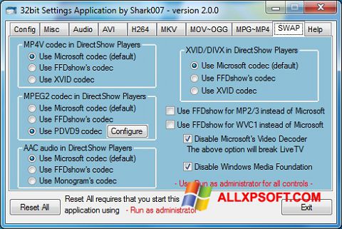 Снимка на екрана ADVANCED Codecs за Windows XP