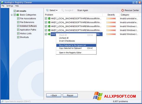 Снимка на екрана Auslogics Registry Cleaner за Windows XP