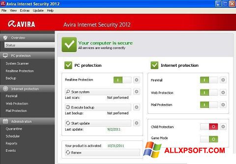 Снимка на екрана Avira Internet Security за Windows XP