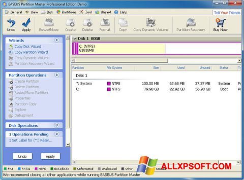 Снимка на екрана EASEUS Partition Master за Windows XP