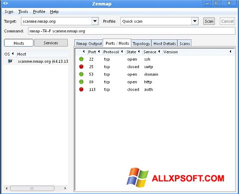 Снимка на екрана Nmap за Windows XP
