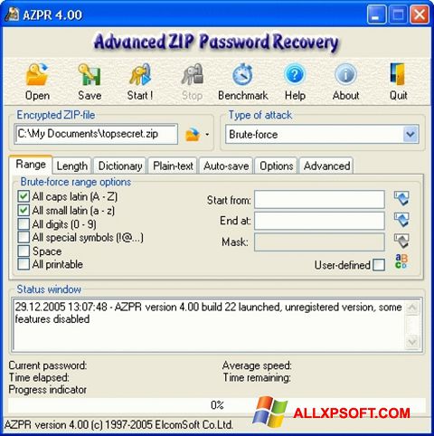 Снимка на екрана Advanced Archive Password Recovery за Windows XP