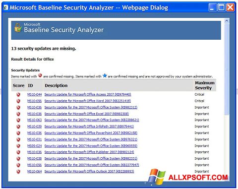 Снимка на екрана Microsoft Baseline Security Analyzer за Windows XP