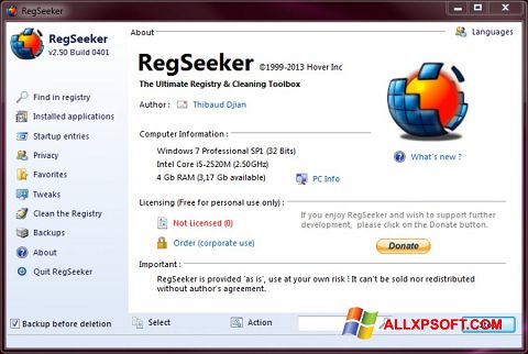 Снимка на екрана RegSeeker за Windows XP
