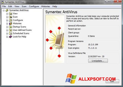 Снимка на екрана Symantec Antivirus за Windows XP