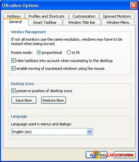 Снимка на екрана UltraMon за Windows XP
