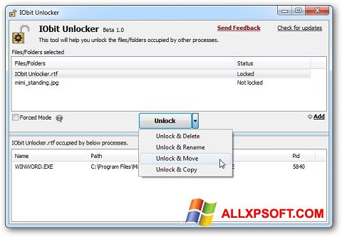 Снимка на екрана IObit Unlocker за Windows XP