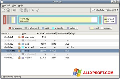 Снимка на екрана GParted за Windows XP