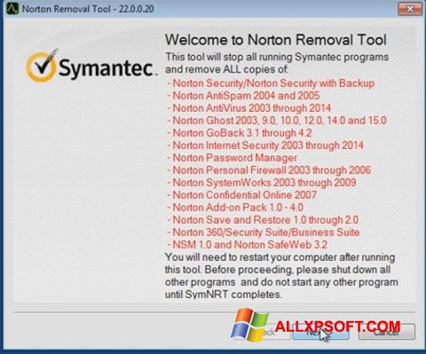 Снимка на екрана Norton Removal Tool за Windows XP
