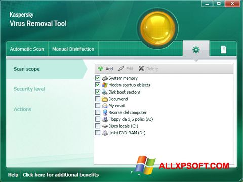 Снимка на екрана Kaspersky Virus Removal Tool за Windows XP