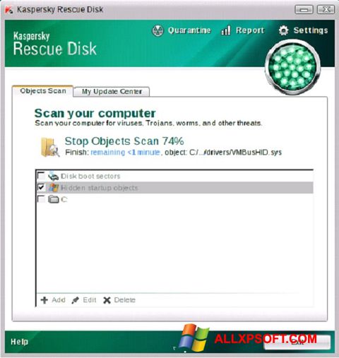 Снимка на екрана Kaspersky Rescue Disk за Windows XP