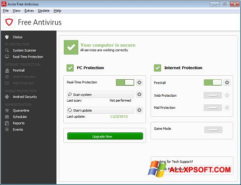 Снимка на екрана Avira Free Antivirus за Windows XP