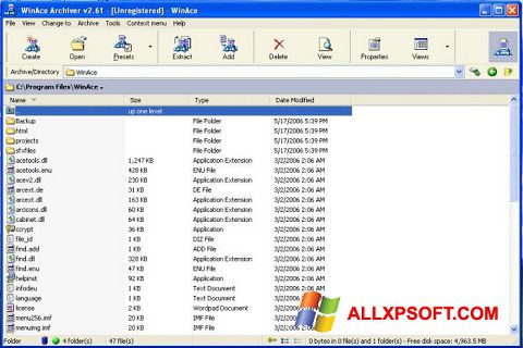 Снимка на екрана WinAce за Windows XP