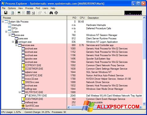 Снимка на екрана Process Explorer за Windows XP