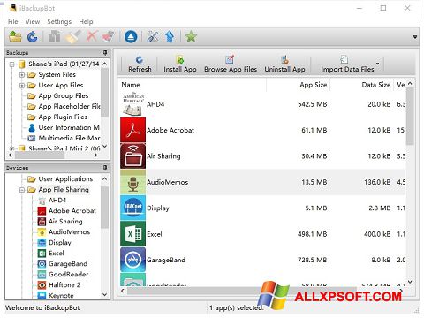 Снимка на екрана iBackupBot за Windows XP