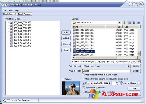 Снимка на екрана FastStone Photo Resizer за Windows XP