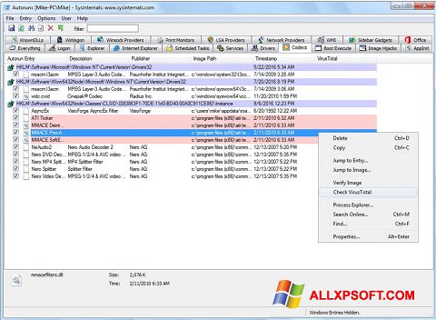 Снимка на екрана AutoRuns за Windows XP