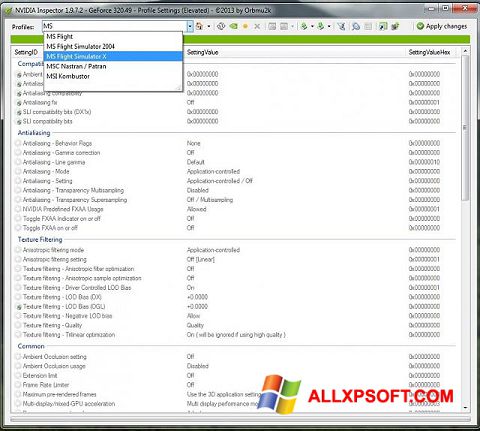 Снимка на екрана NVIDIA Inspector за Windows XP